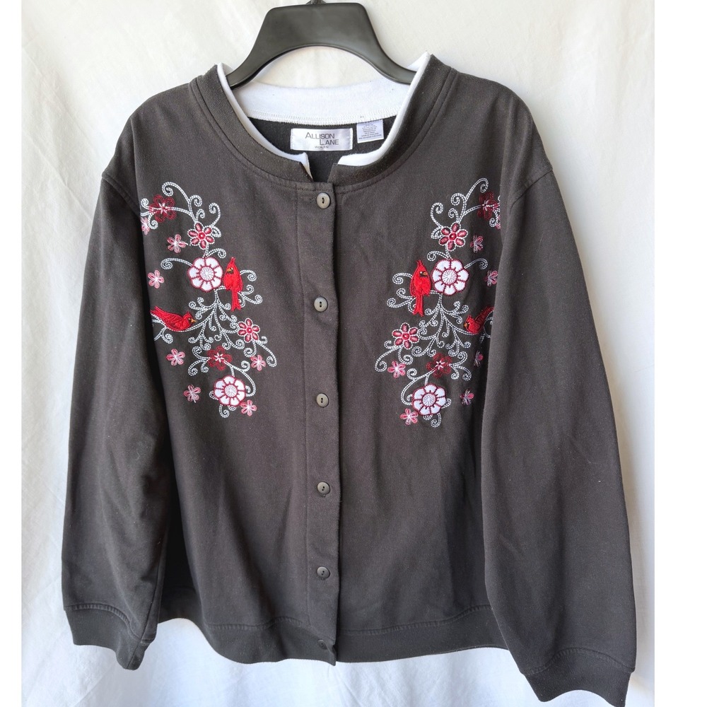 Allison Lane Button Front Sweatshirt Black Cardinal Embroidered Grandma Plus 3X